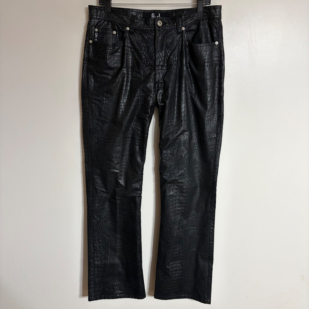Vintage Guess Jeans 1990s Black Crocodile Embossed Faux Leather Pants Size 33
